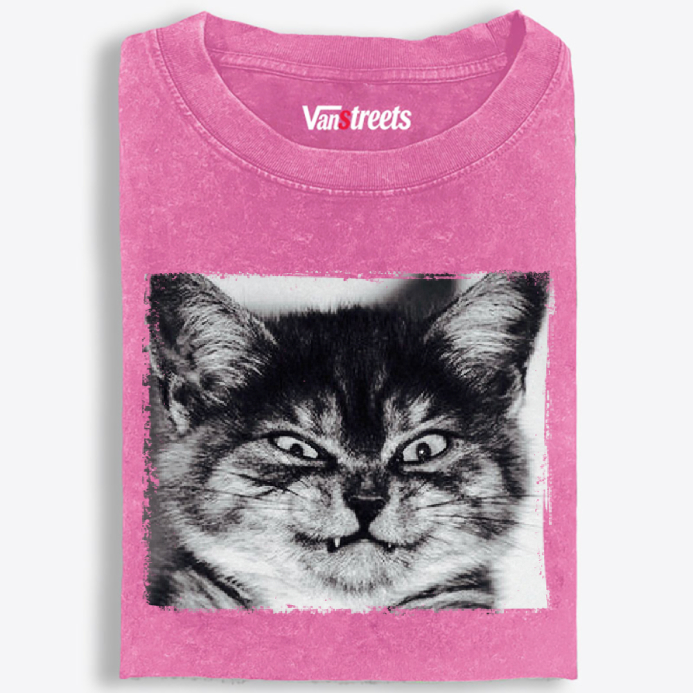 Grumpy Devil Cat Black & White Retro Washed T-Shirt | 100% Cotton | Streetwear Essential