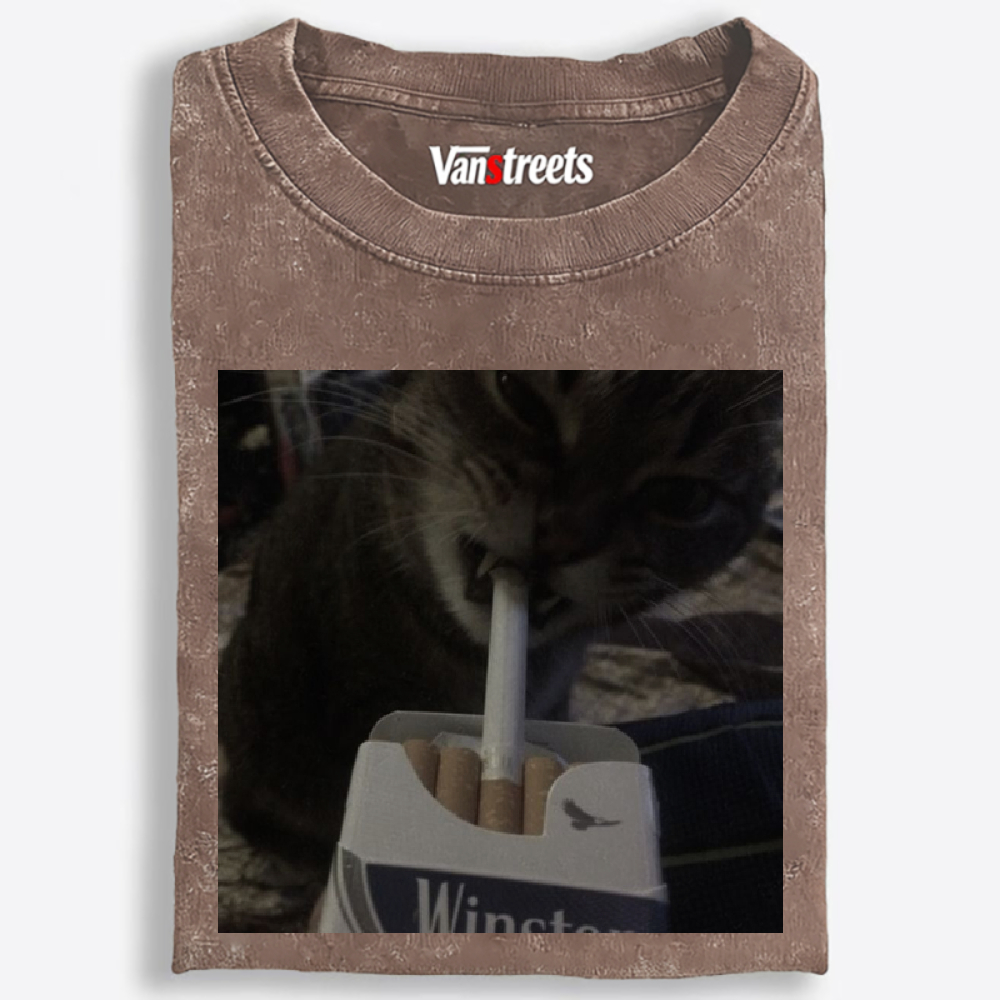 Cat with Cigarette Retro Black & White Retro Washed T-Shirt | 100% Cotton | Streetwear Essential