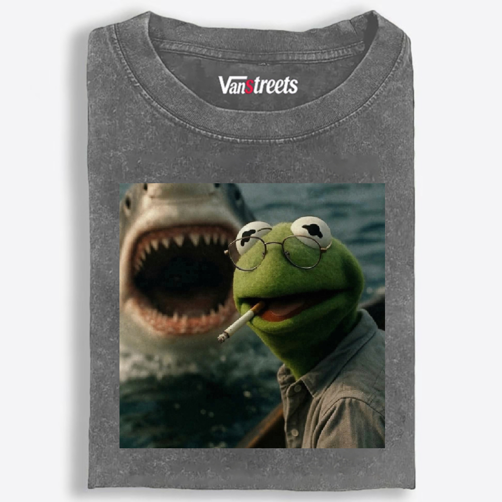 Kermit the Frog vs Great White Shark Meme Retro Washed T-Shirt | 100% Cotton | Streetwear Essential