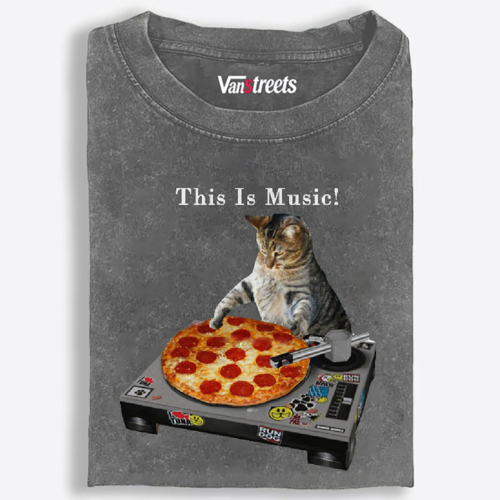 This Is Music! Pizza Turntable Cat Retro Washed T-Shirt | 100% Cotton | Streetwear Essential