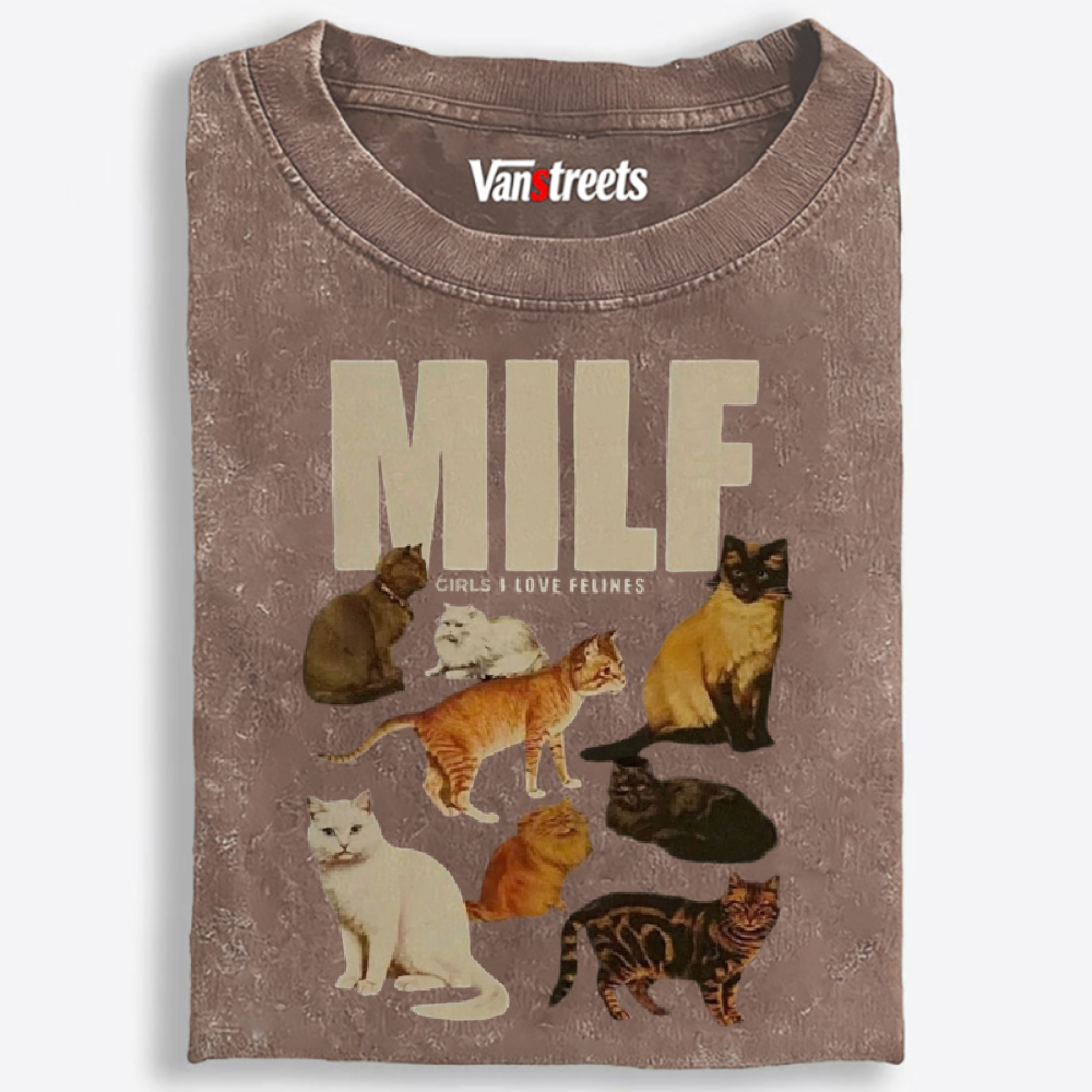 MILF "Girls I Love Felines" Retro Washed T-Shirt | 100% Cotton | Streetwear Essential