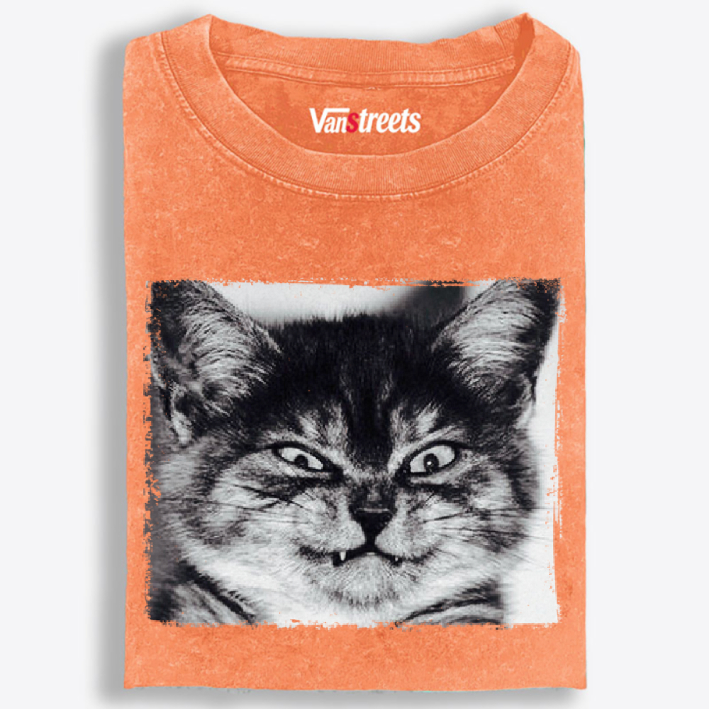 Grumpy Devil Cat Black & White Retro Washed T-Shirt | 100% Cotton | Streetwear Essential