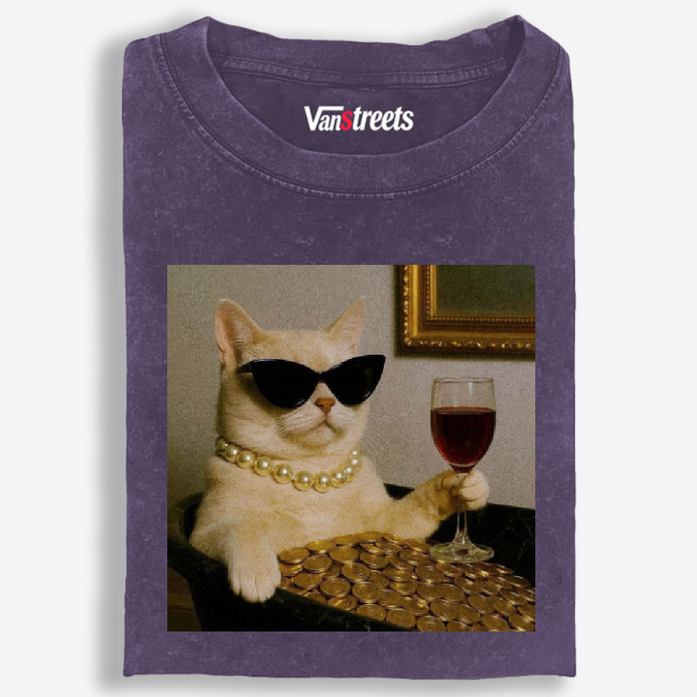 Rich Cat With Wine Coins Glamour Meme Retro Washed T-Shirt | 100% Cotton | Streetwear Essential