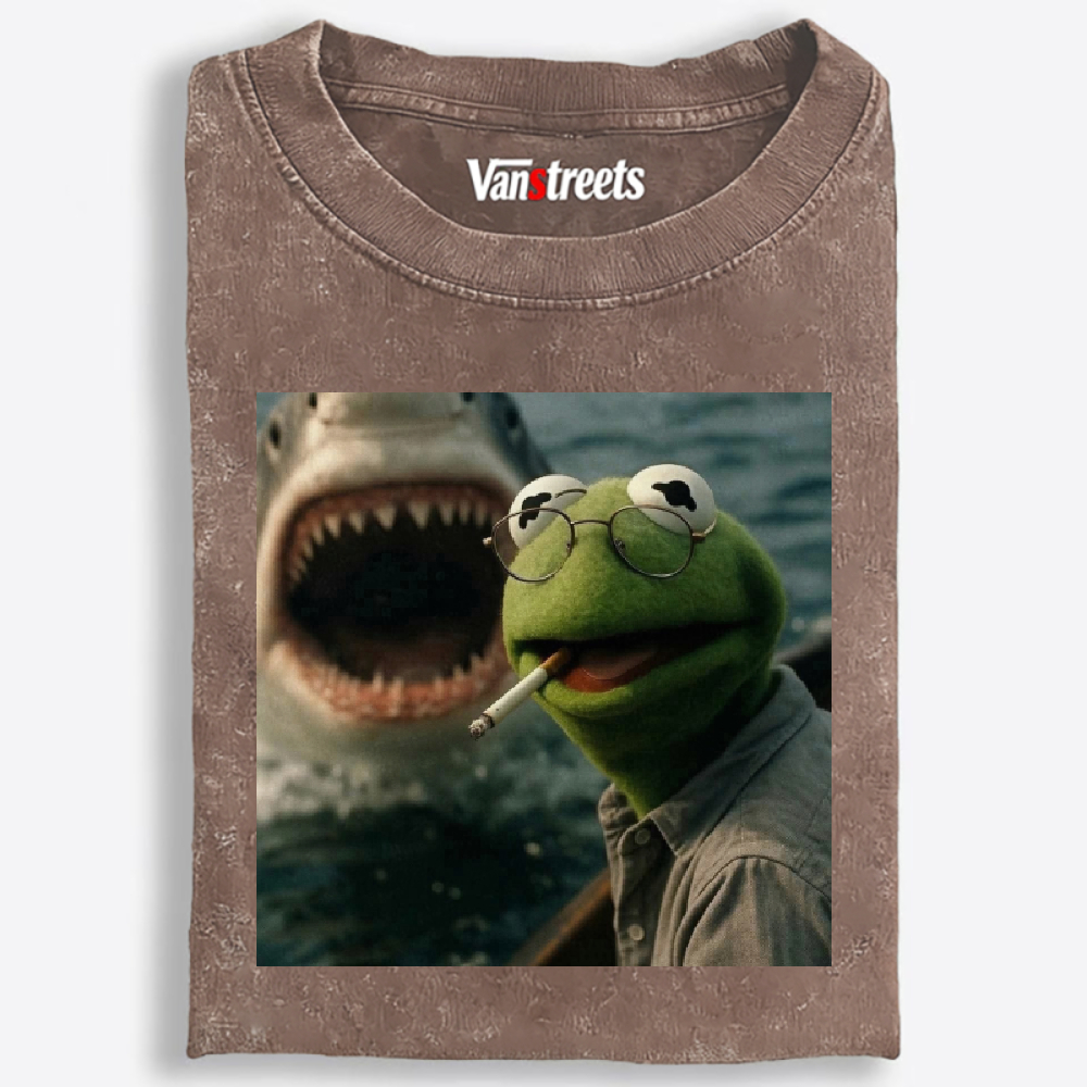 Kermit the Frog vs Great White Shark Meme Retro Washed T-Shirt | 100% Cotton | Streetwear Essential