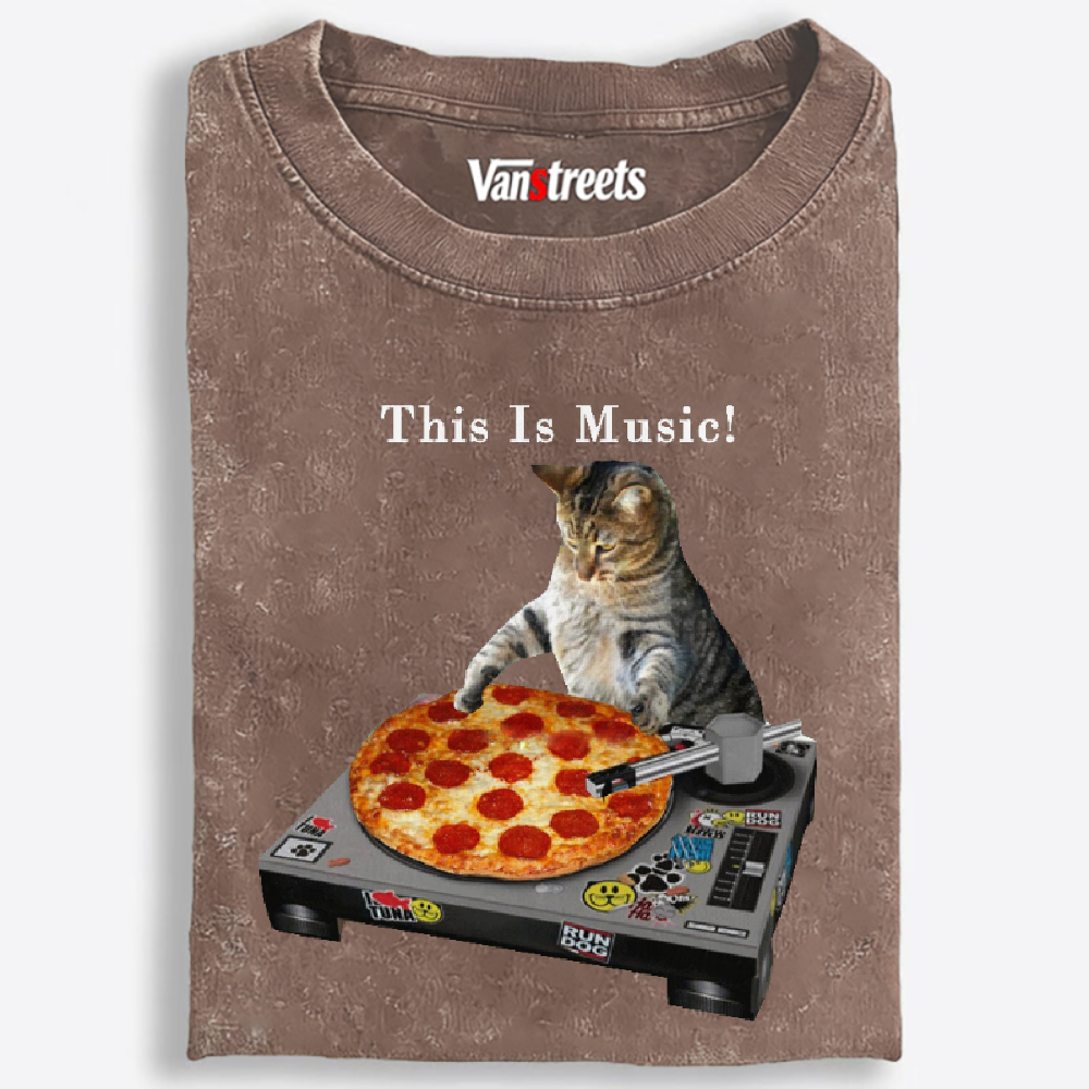 This Is Music! Pizza Turntable Cat Retro Washed T-Shirt | 100% Cotton | Streetwear Essential