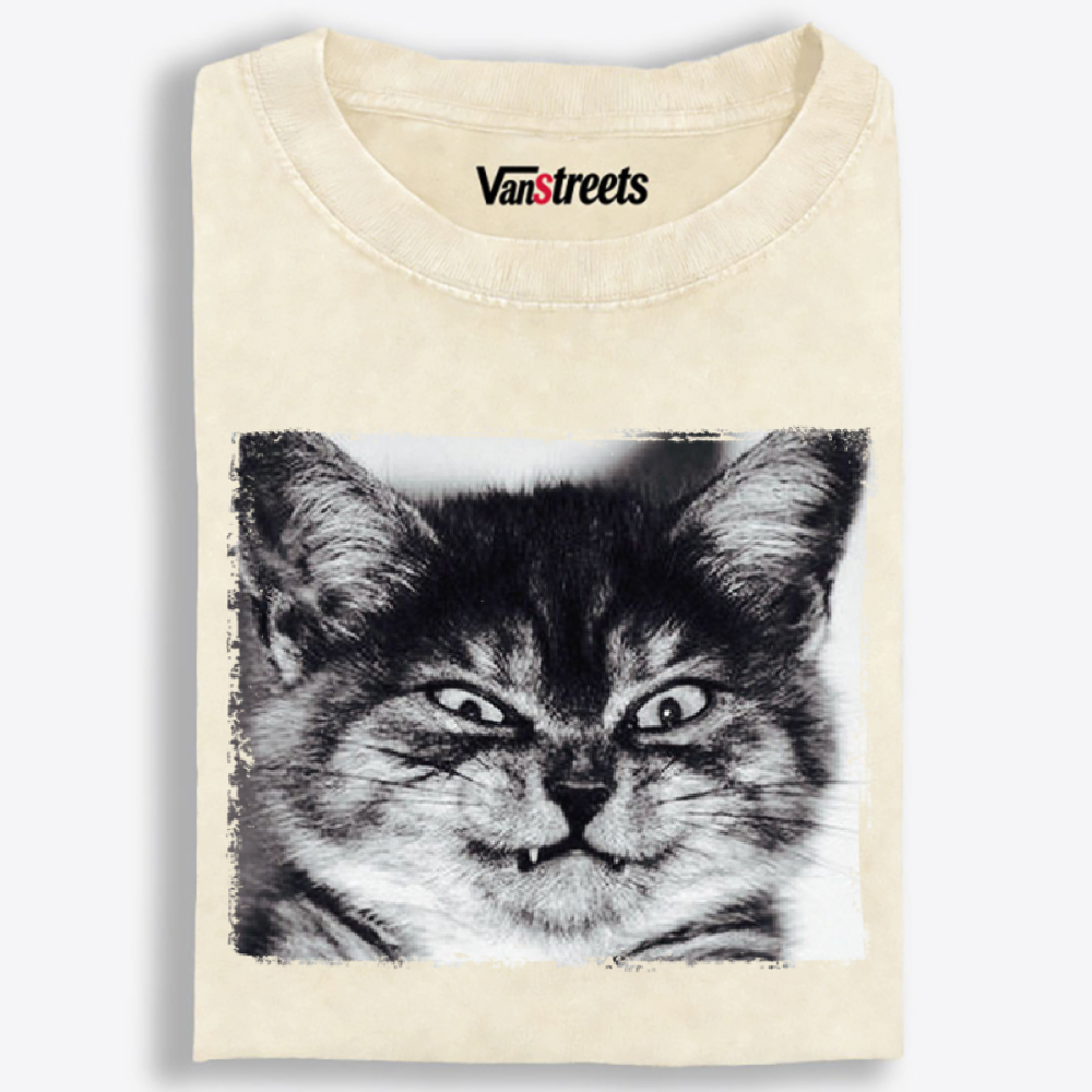 Grumpy Devil Cat Black & White Retro Washed T-Shirt | 100% Cotton | Streetwear Essential