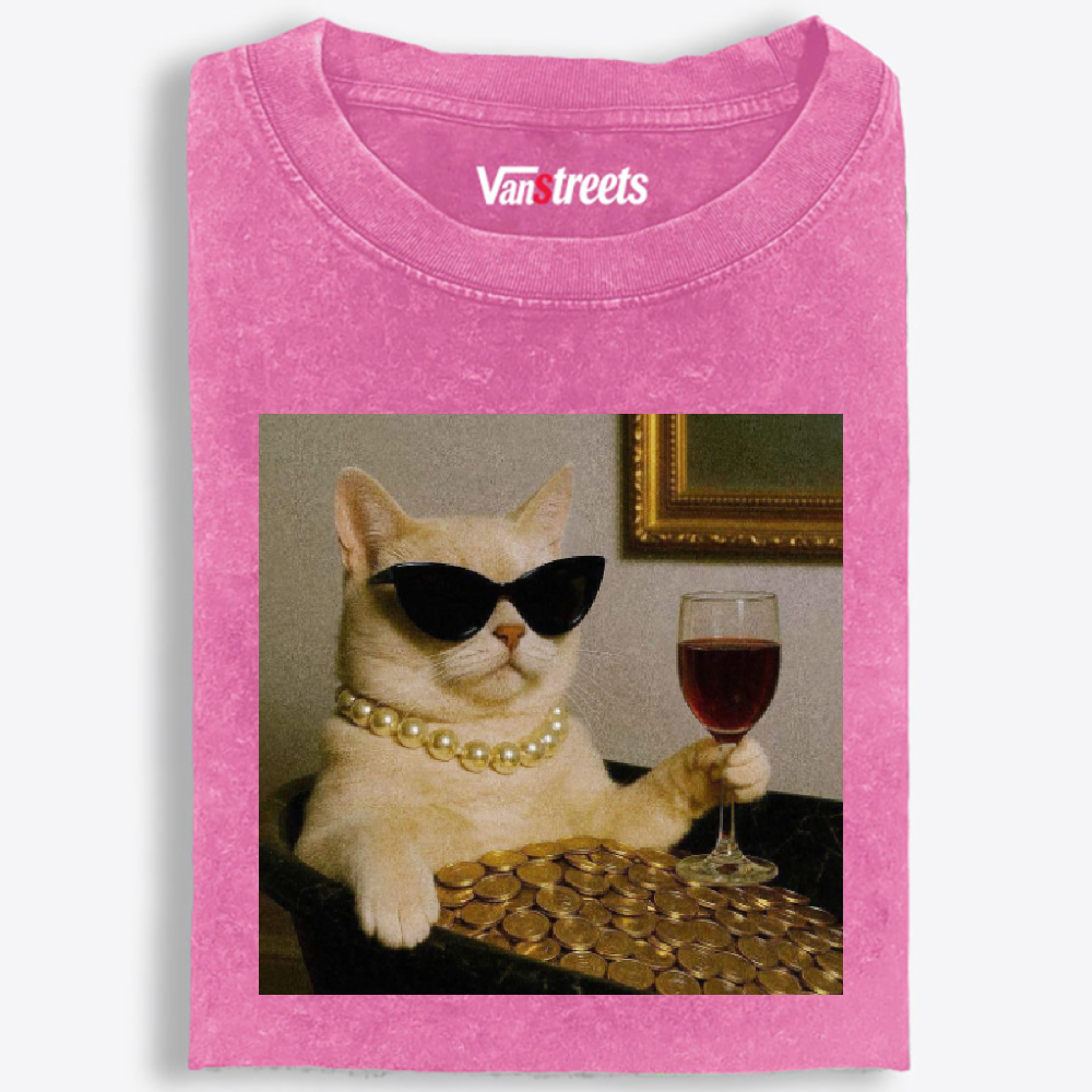 Rich Cat With Wine Coins Glamour Meme Retro Washed T-Shirt | 100% Cotton | Streetwear Essential