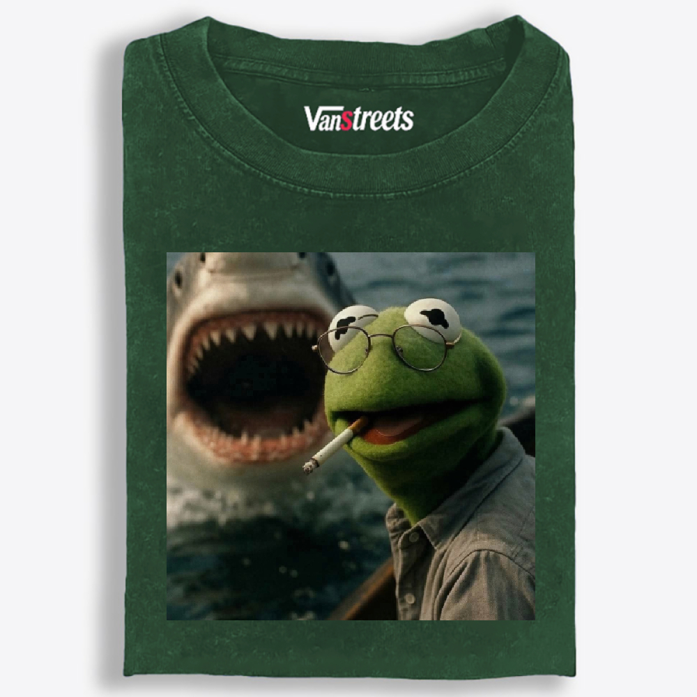 Kermit the Frog vs Great White Shark Meme Retro Washed T-Shirt | 100% Cotton | Streetwear Essential