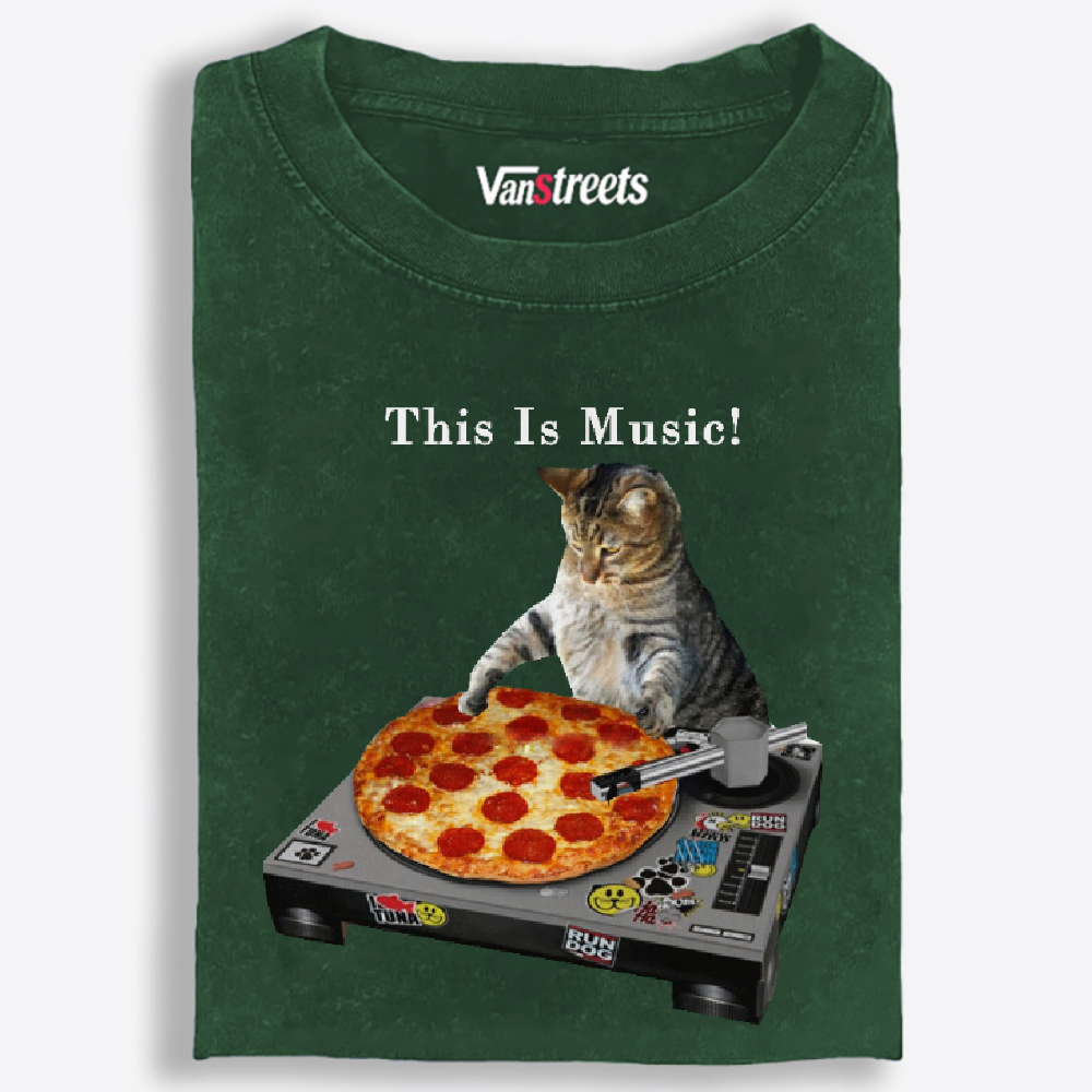 This Is Music! Pizza Turntable Cat Retro Washed T-Shirt | 100% Cotton | Streetwear Essential