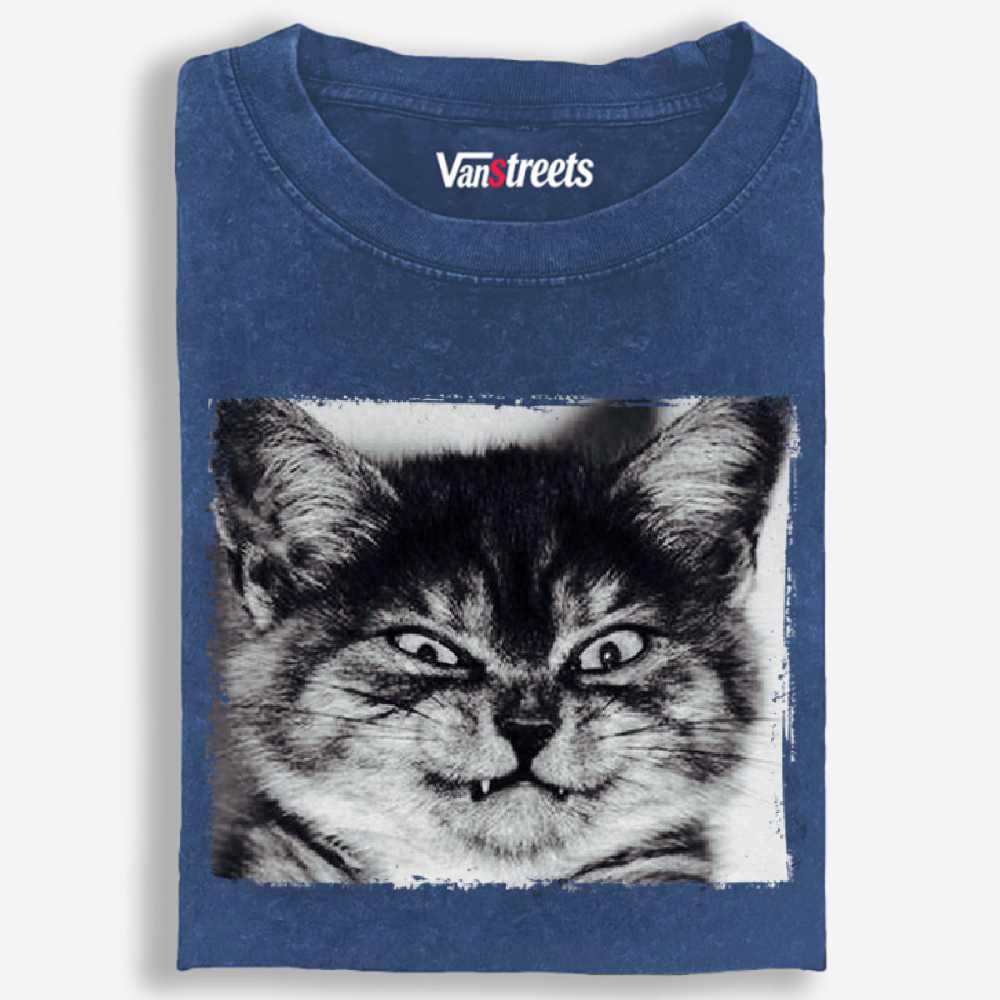 Grumpy Devil Cat Black & White Retro Washed T-Shirt | 100% Cotton | Streetwear Essential