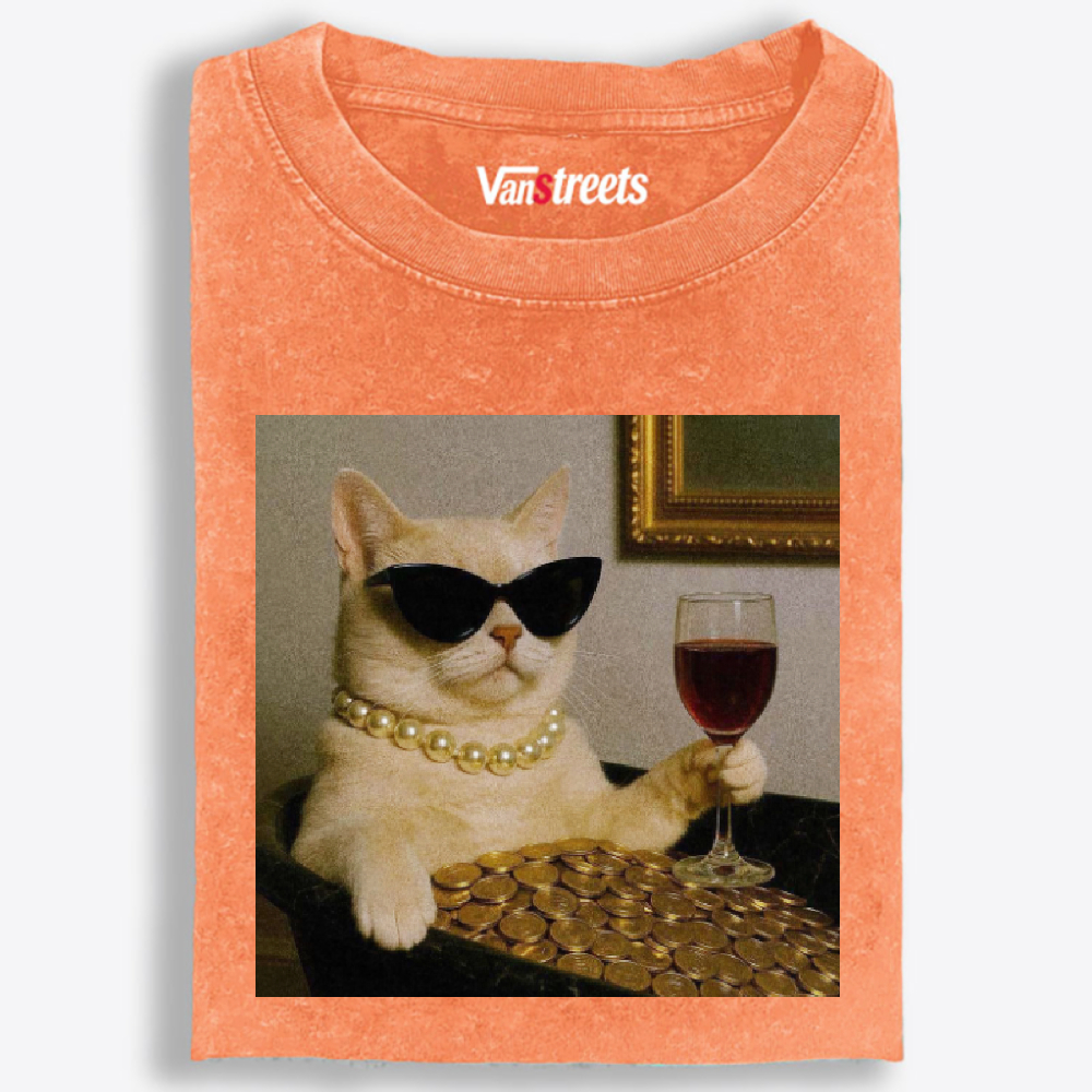 Rich Cat With Wine Coins Glamour Meme Retro Washed T-Shirt | 100% Cotton | Streetwear Essential