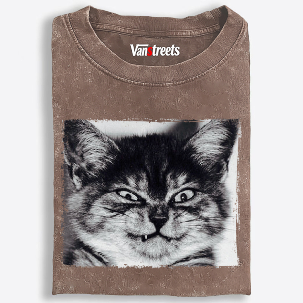 Grumpy Devil Cat Black & White Retro Washed T-Shirt | 100% Cotton | Streetwear Essential
