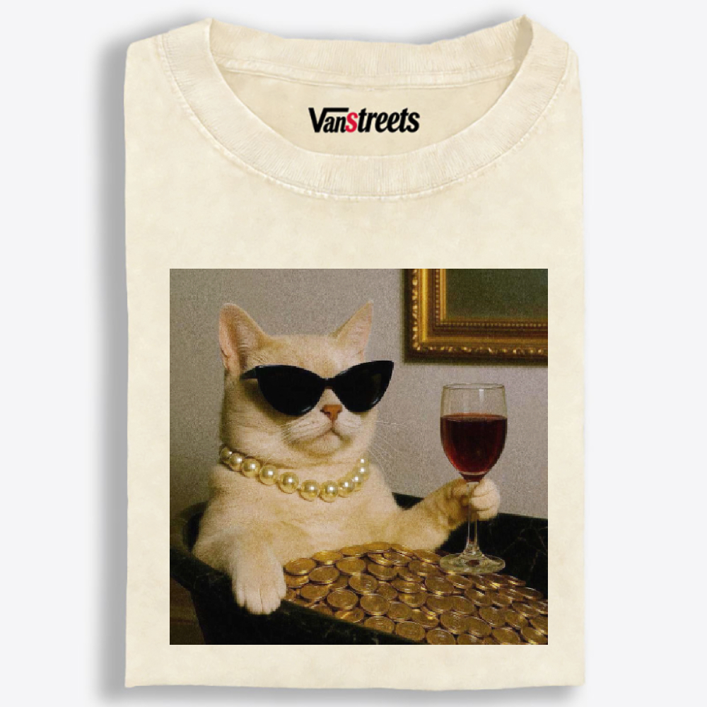 Rich Cat With Wine Coins Glamour Meme Retro Washed T-Shirt | 100% Cotton | Streetwear Essential