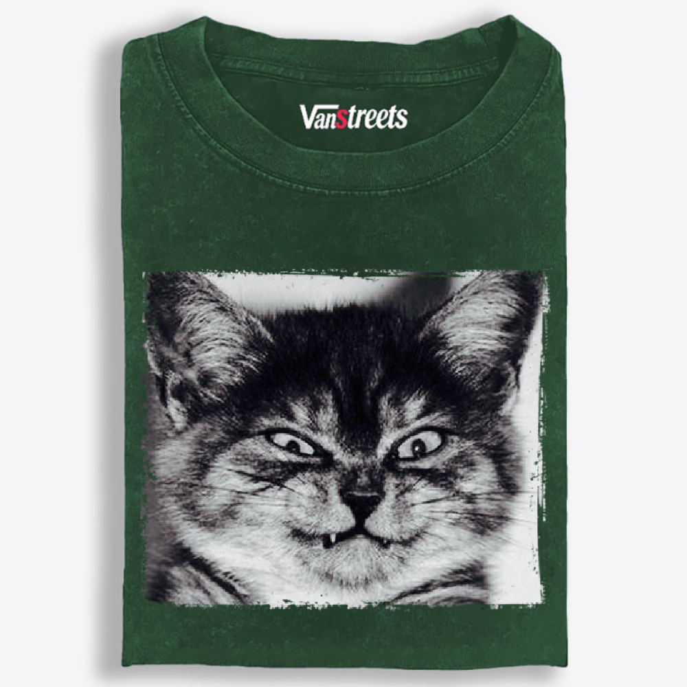 Grumpy Devil Cat Black & White Retro Washed T-Shirt | 100% Cotton | Streetwear Essential