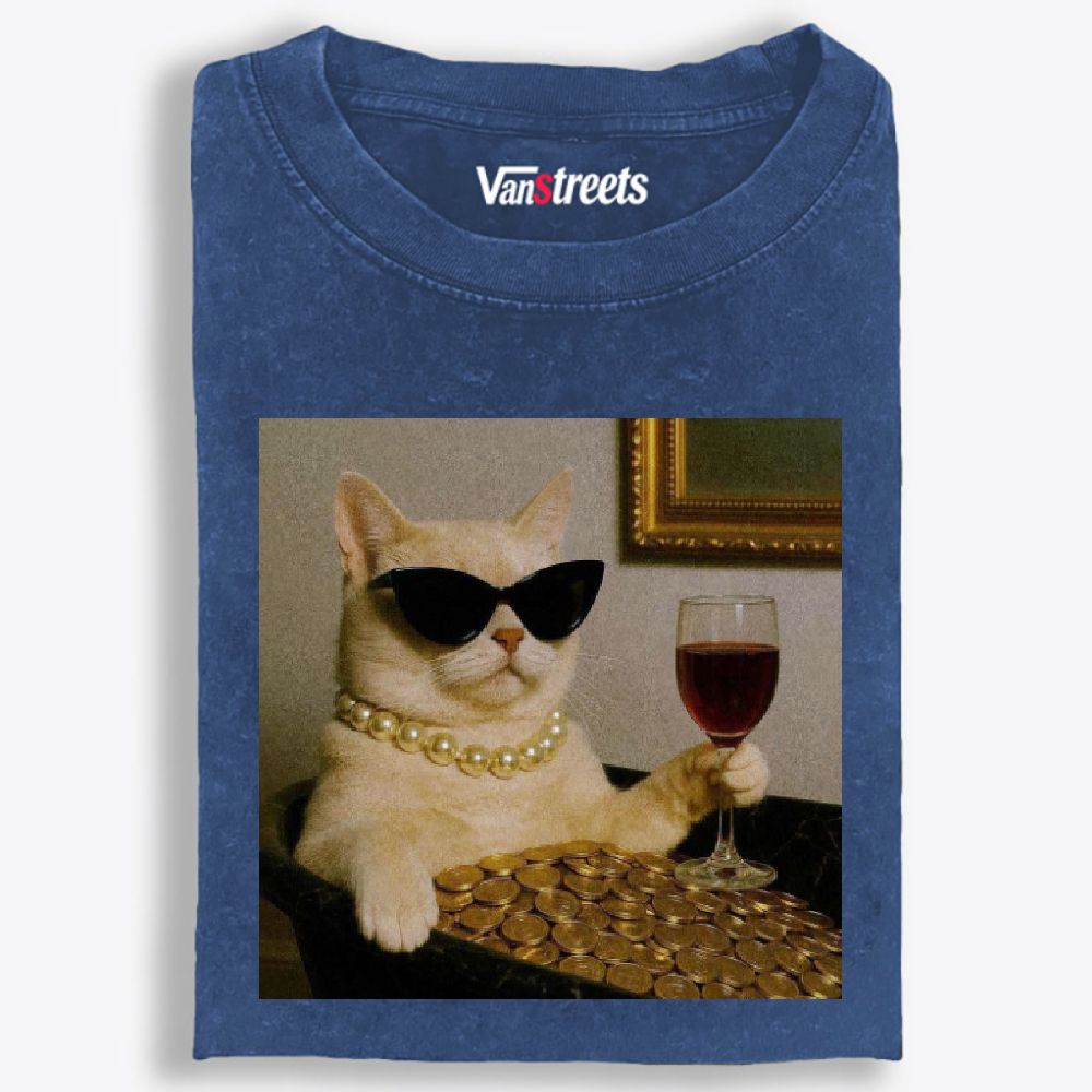 Rich Cat With Wine Coins Glamour Meme Retro Washed T-Shirt | 100% Cotton | Streetwear Essential