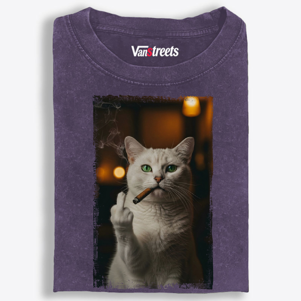 Middle Finger Smoking Cat Retro Washed T-Shirt | 100% Cotton | Streetwear Essential