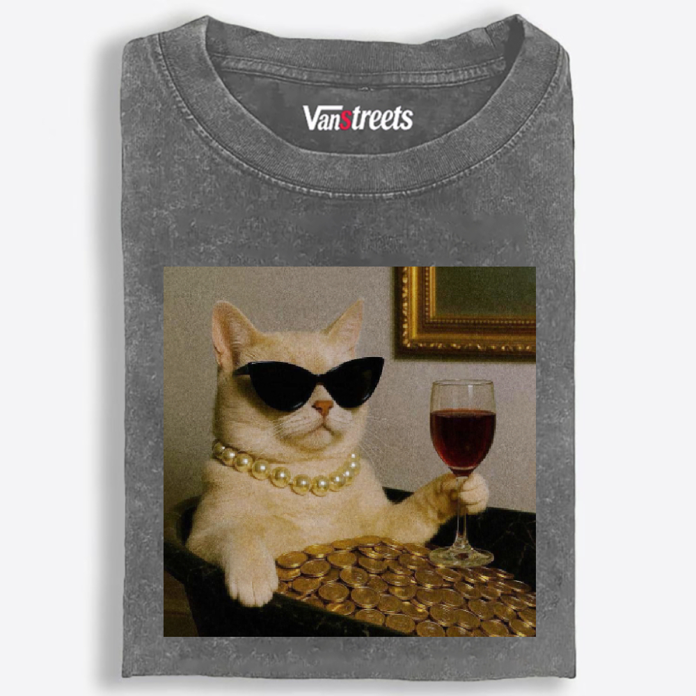 Rich Cat With Wine Coins Glamour Meme Retro Washed T-Shirt | 100% Cotton | Streetwear Essential