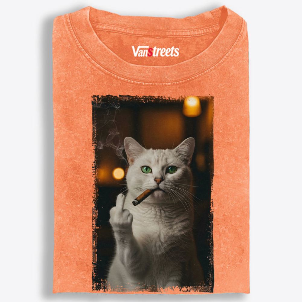 Middle Finger Smoking Cat Retro Washed T-Shirt | 100% Cotton | Streetwear Essential