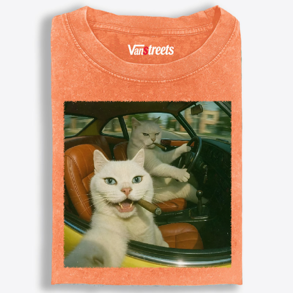 Cats With Cigars, Retro Vibes Washed T-Shirt | 100% Cotton | Streetwear Essential