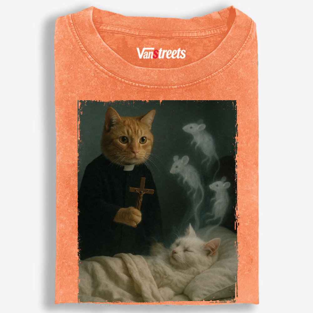 Cat Priest Exorcism Funny Retro Washed T-Shirt | 100% Cotton | Streetwear Essential