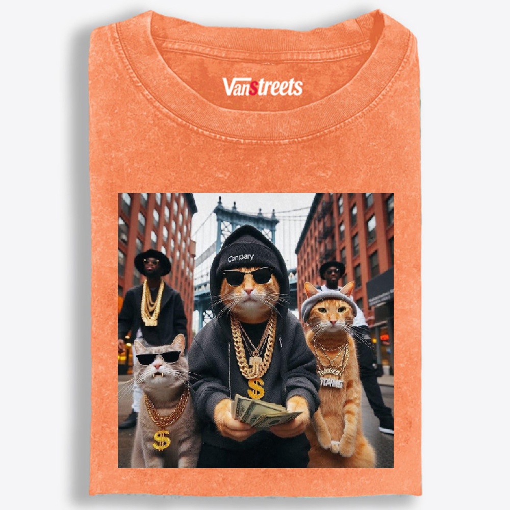 Hip-Hop Rich Cats Retro Washed T-Shirt | 100% Cotton | Streetwear Essential