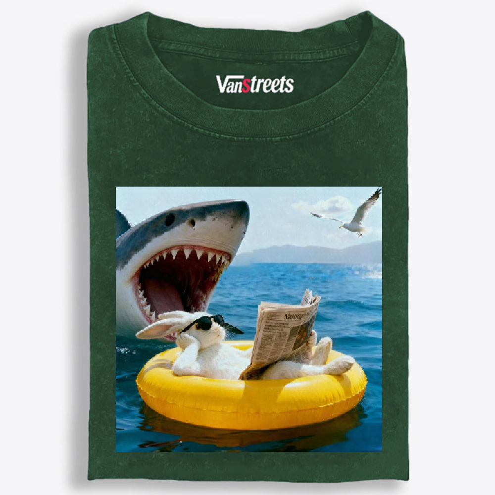 Bunny Reading Newspaper With Shark Retro Washed T-Shirt | 100% Cotton | Streetwear Essential