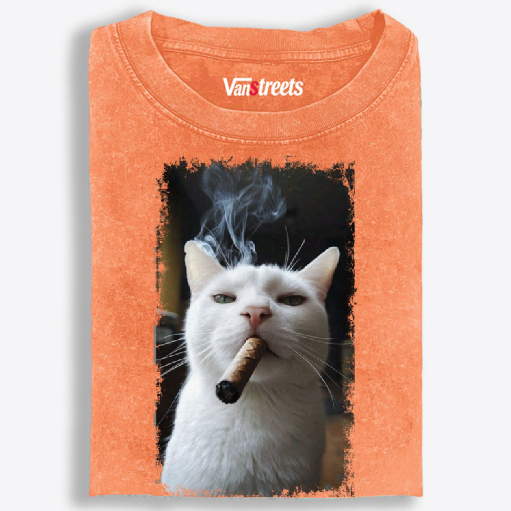Vintage Cigar Smoking White Cat Graphic Washed T-Shirt | 100% Cotton | Streetwear Essential