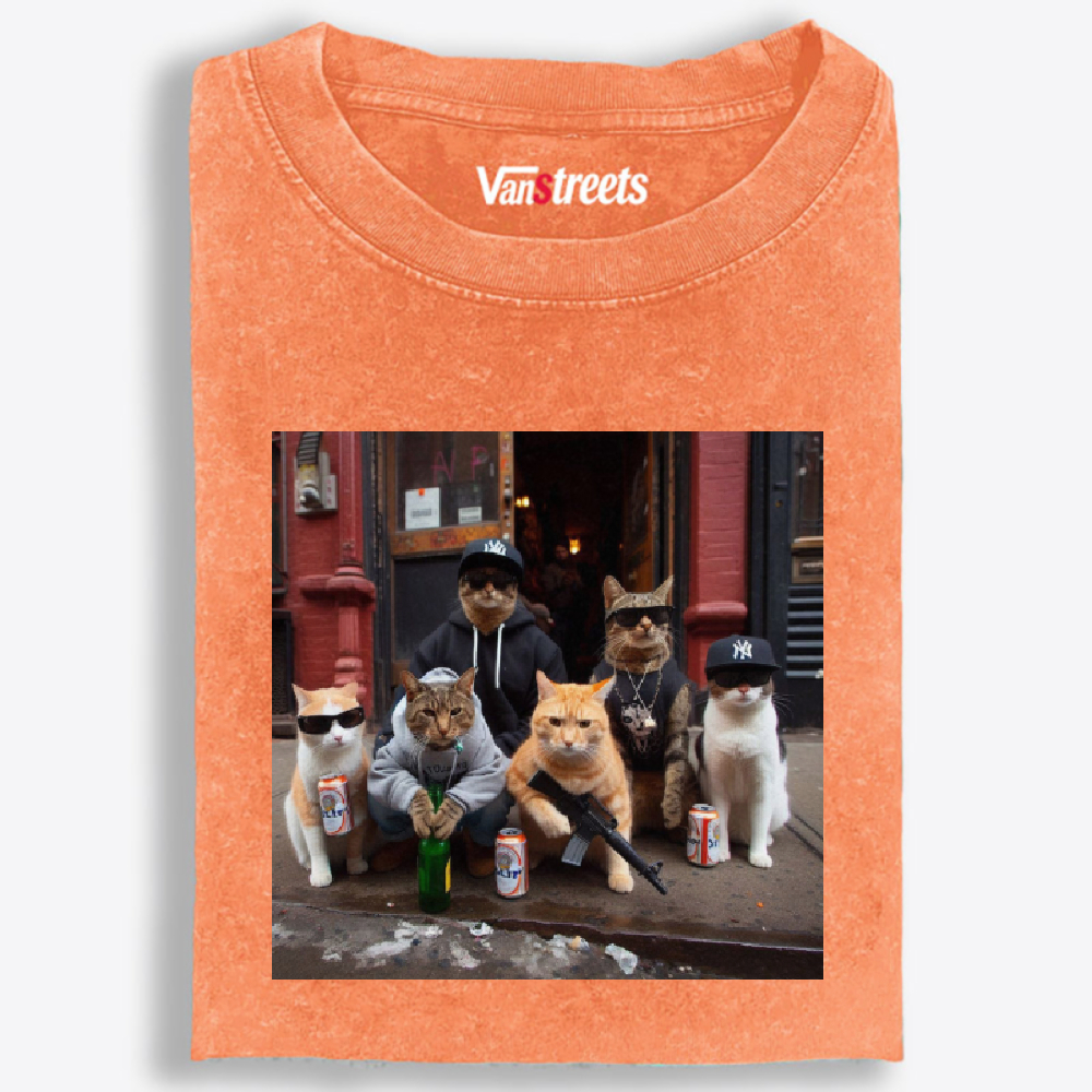 Street Gang Cats Hardcore Retro Washed T-Shirt | 100% Cotton | Streetwear Essential