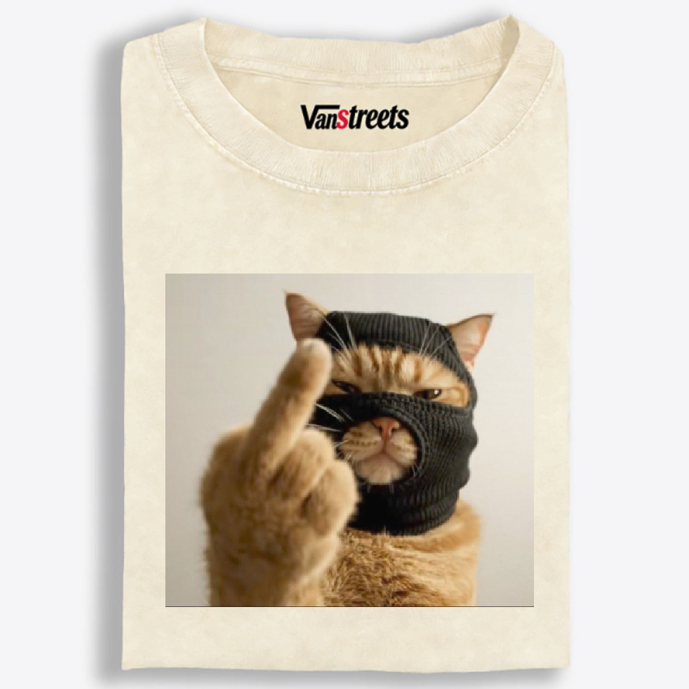 Bank Robber Cat Middle Finger Retro Washed T-Shirt | 100% Cotton | Streetwear Essential