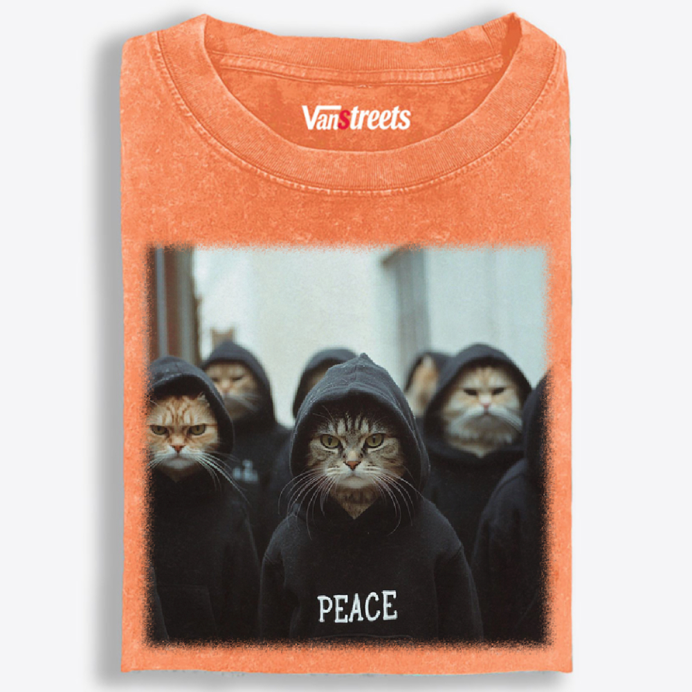 Peace Hoodie Cat Crew Graphic Washed T-Shirt | 100% Cotton | Streetwear Essential