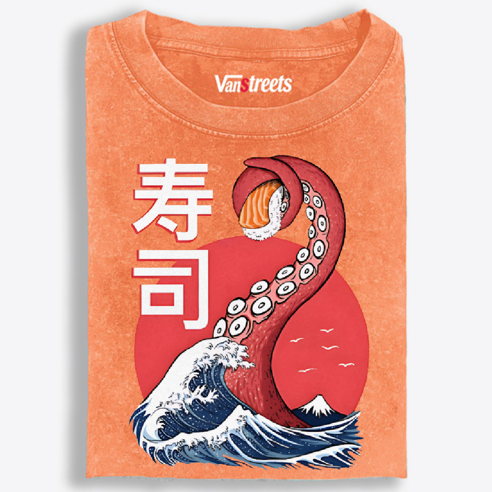 Octopus Sushi Great Wave Retro Washed T-Shirt | 100% Cotton | Streetwear Essential
