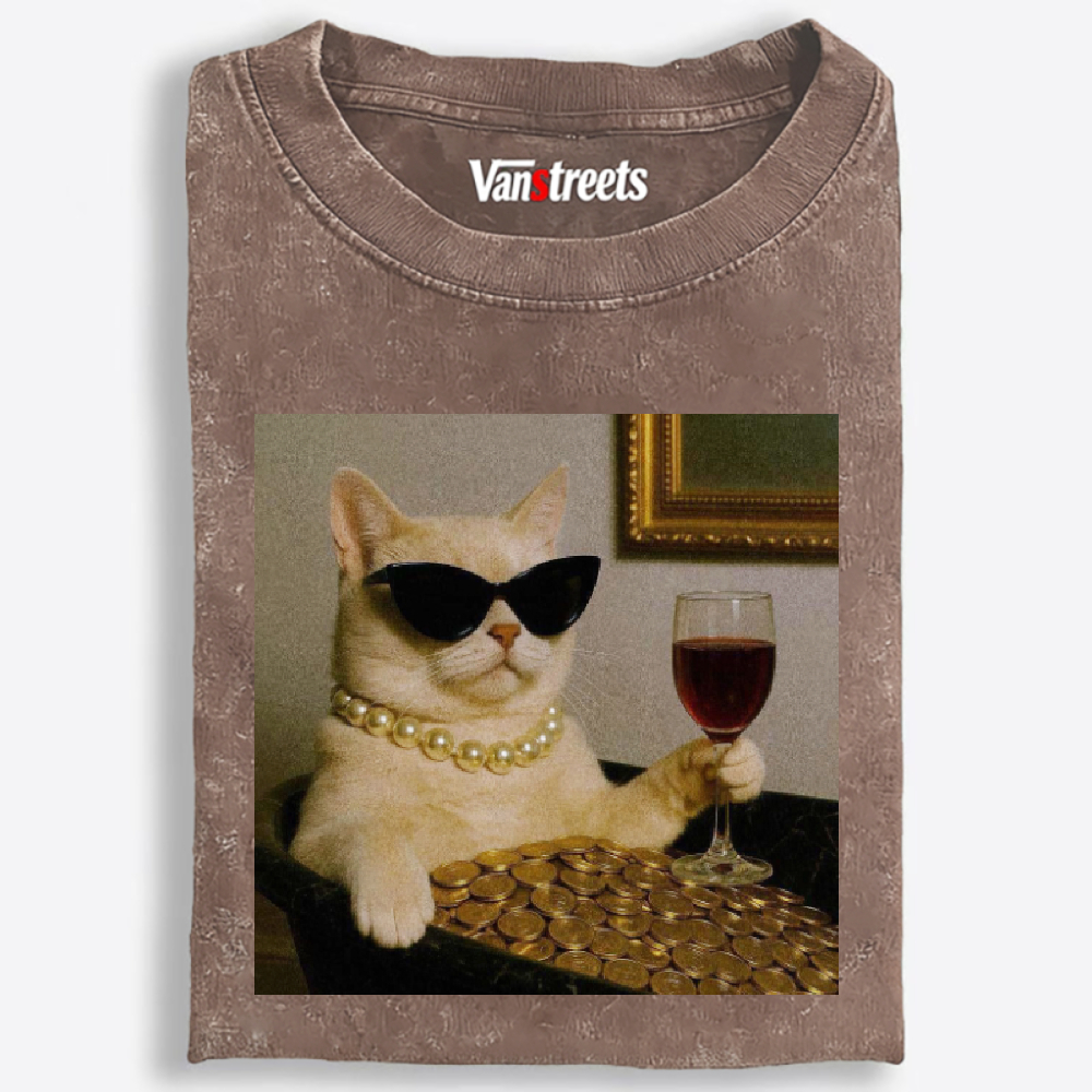 Rich Cat With Wine Coins Glamour Meme Retro Washed T-Shirt | 100% Cotton | Streetwear Essential