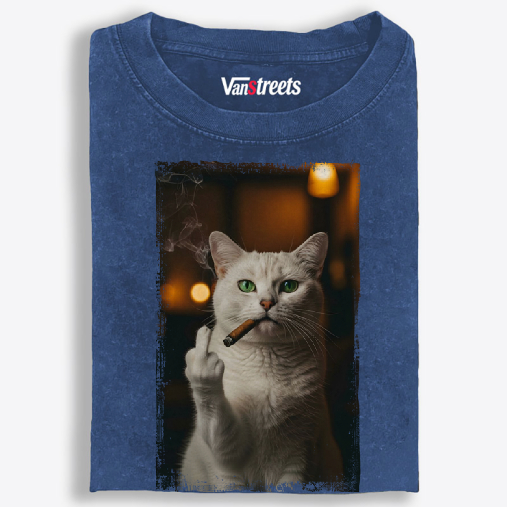 Middle Finger Smoking Cat Retro Washed T-Shirt | 100% Cotton | Streetwear Essential