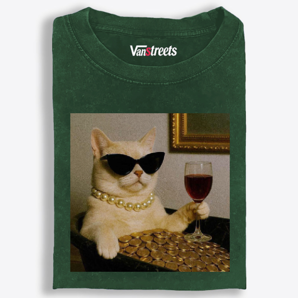 Rich Cat With Wine Coins Glamour Meme Retro Washed T-Shirt | 100% Cotton | Streetwear Essential
