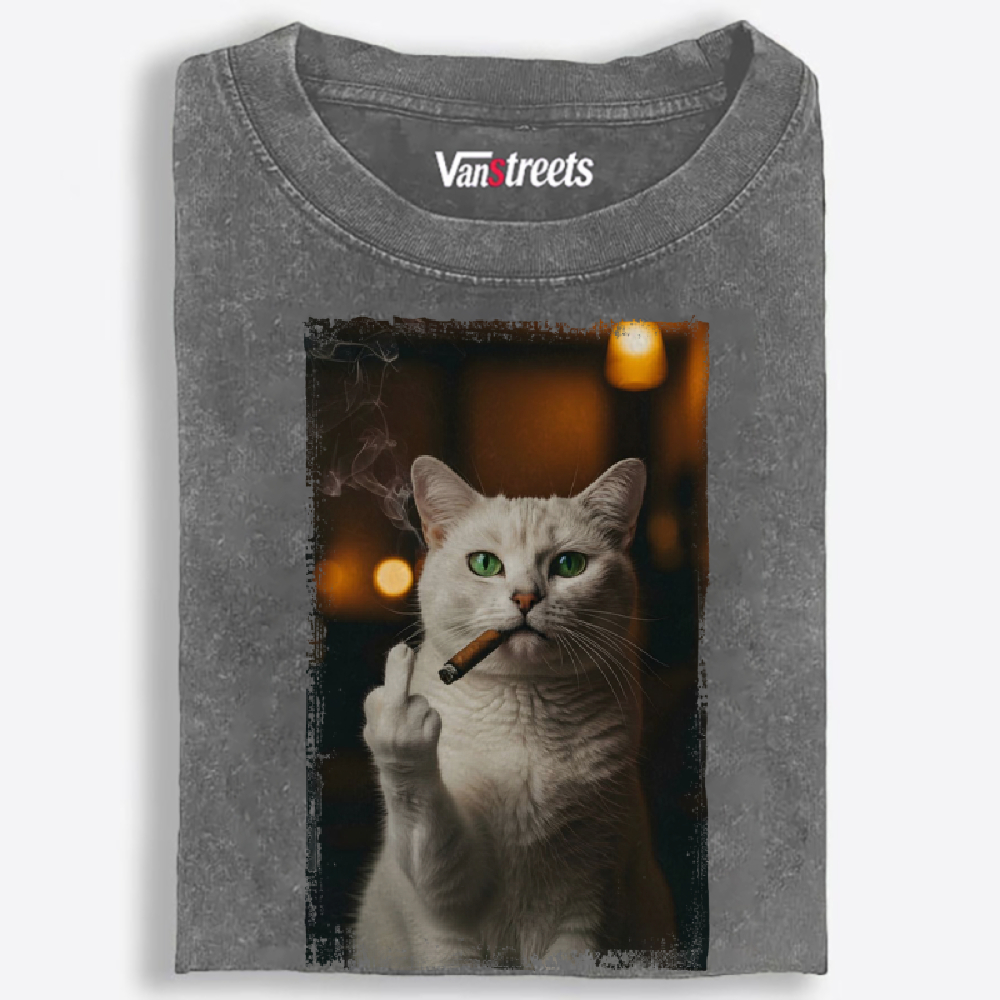Middle Finger Smoking Cat Retro Washed T-Shirt | 100% Cotton | Streetwear Essential