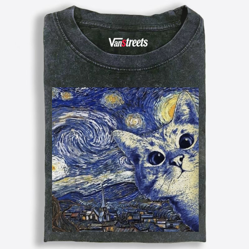 Starry Night Peeking Cat Washed T-Shirt | 100% Cotton | Streetwear Essential