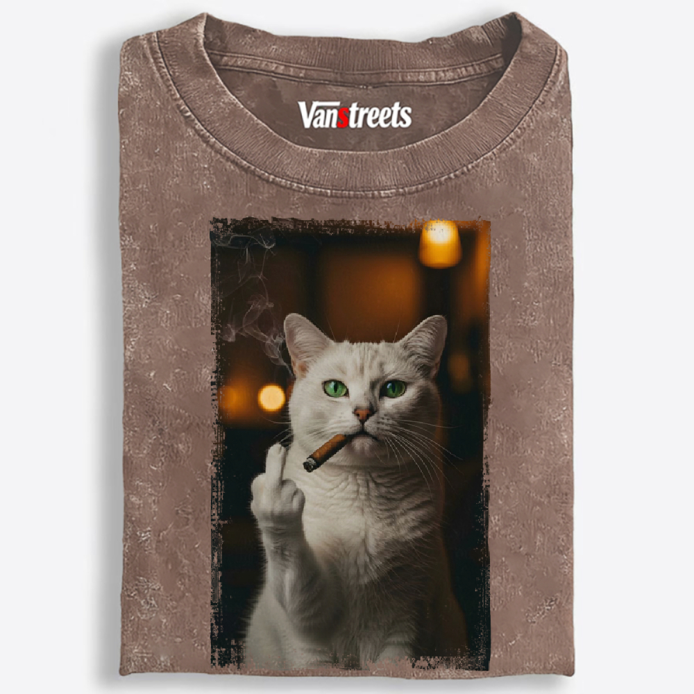 Middle Finger Smoking Cat Retro Washed T-Shirt | 100% Cotton | Streetwear Essential