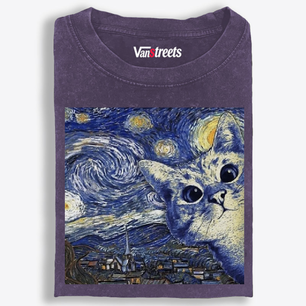 Starry Night Peeking Cat Washed T-Shirt | 100% Cotton | Streetwear Essential