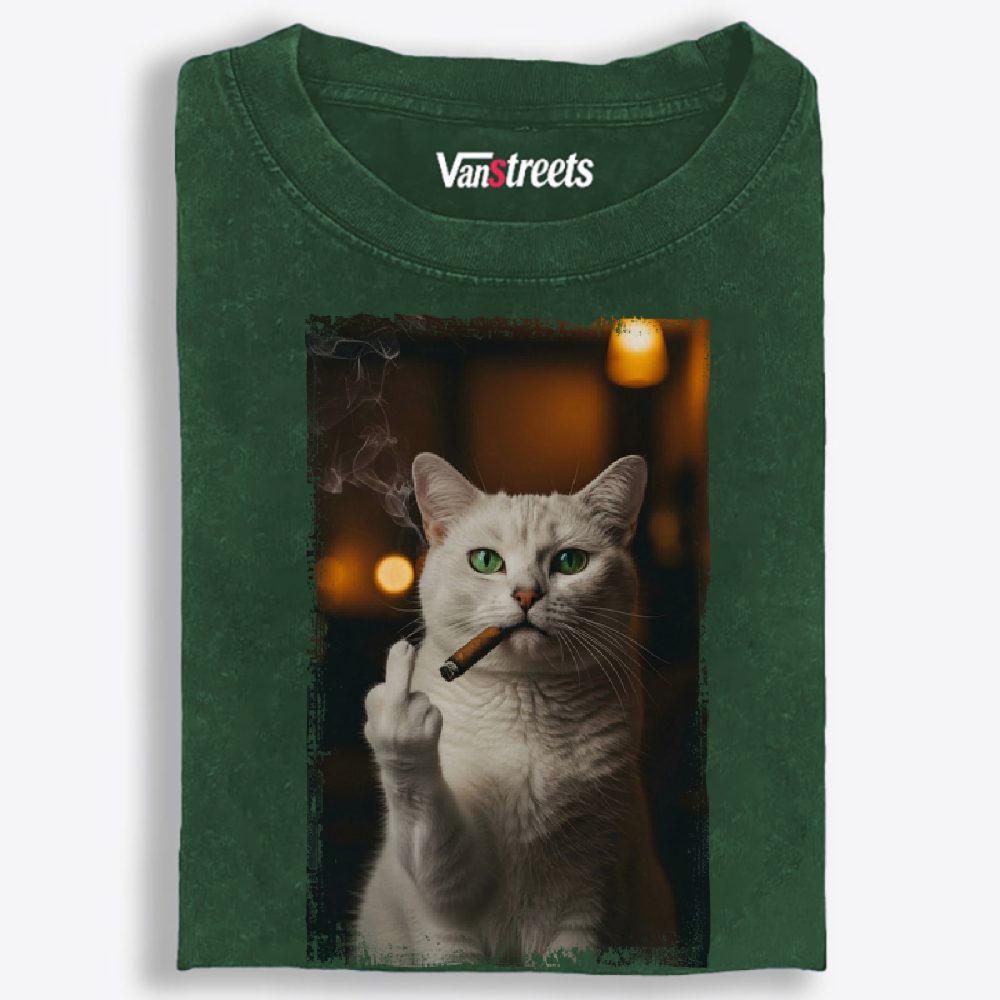 Middle Finger Smoking Cat Retro Washed T-Shirt | 100% Cotton | Streetwear Essential
