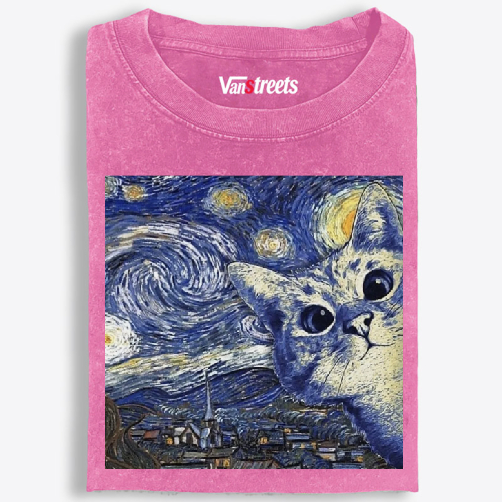 Starry Night Peeking Cat Washed T-Shirt | 100% Cotton | Streetwear Essential