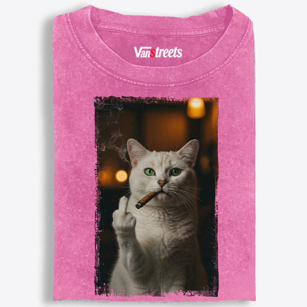 Middle Finger Smoking Cat Retro Washed T-Shirt | 100% Cotton | Streetwear Essential