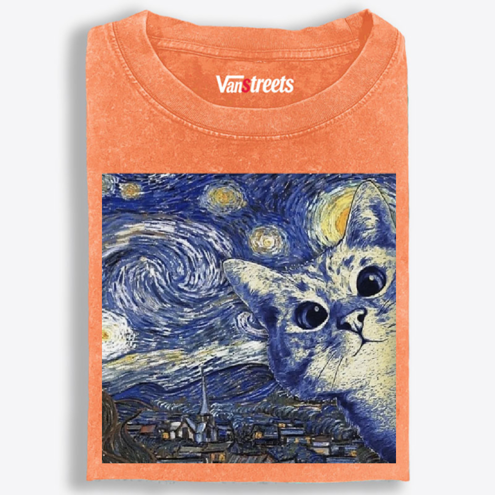 Starry Night Peeking Cat Washed T-Shirt | 100% Cotton | Streetwear Essential