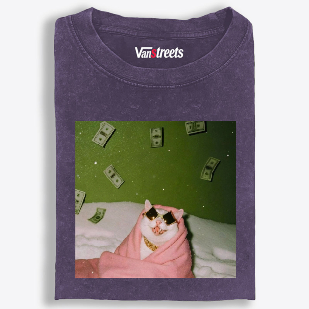 Rich Cat with Money Retro Washed T-Shirt | 100% Cotton | Streetwear Essential