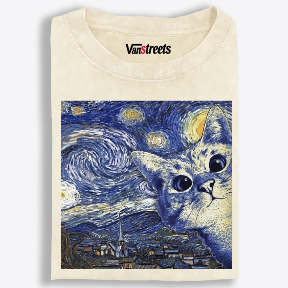 Starry Night Peeking Cat Washed T-Shirt | 100% Cotton | Streetwear Essential