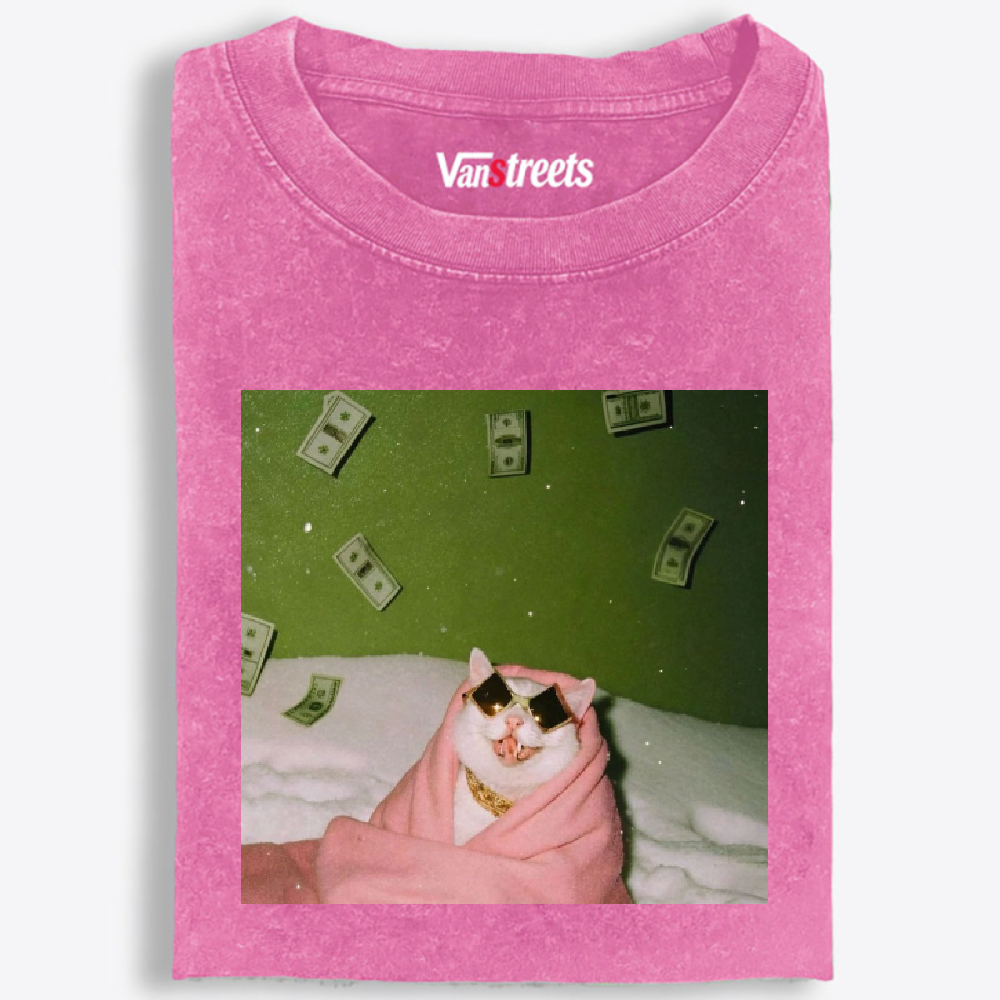Rich Cat with Money Retro Washed T-Shirt | 100% Cotton | Streetwear Essential