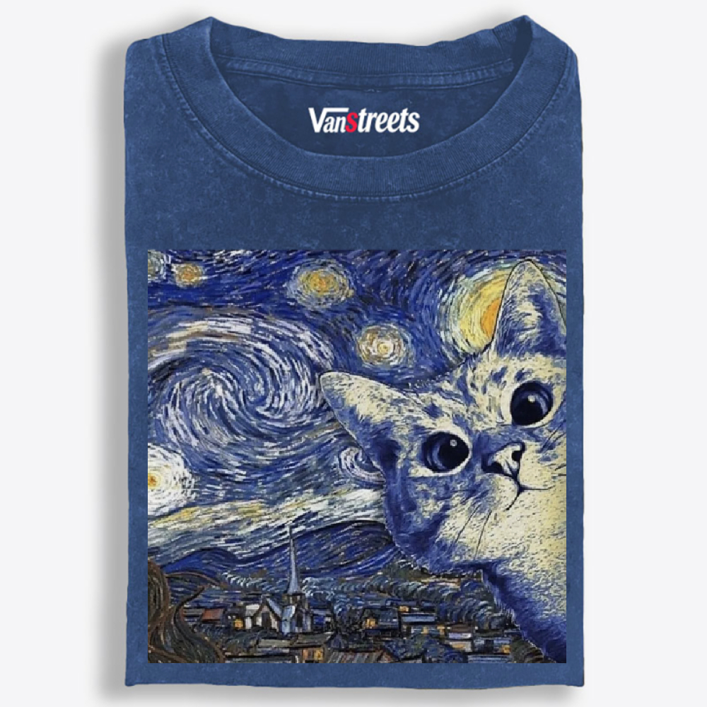 Starry Night Peeking Cat Washed T-Shirt | 100% Cotton | Streetwear Essential