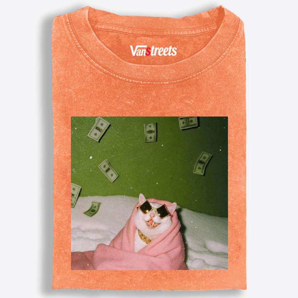 Rich Cat with Money Retro Washed T-Shirt | 100% Cotton | Streetwear Essential