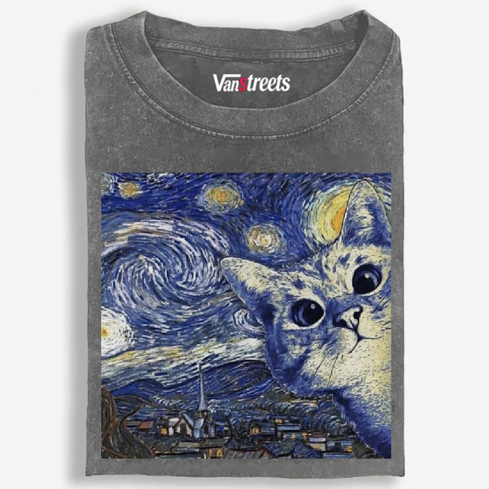 Starry Night Peeking Cat Washed T-Shirt | 100% Cotton | Streetwear Essential