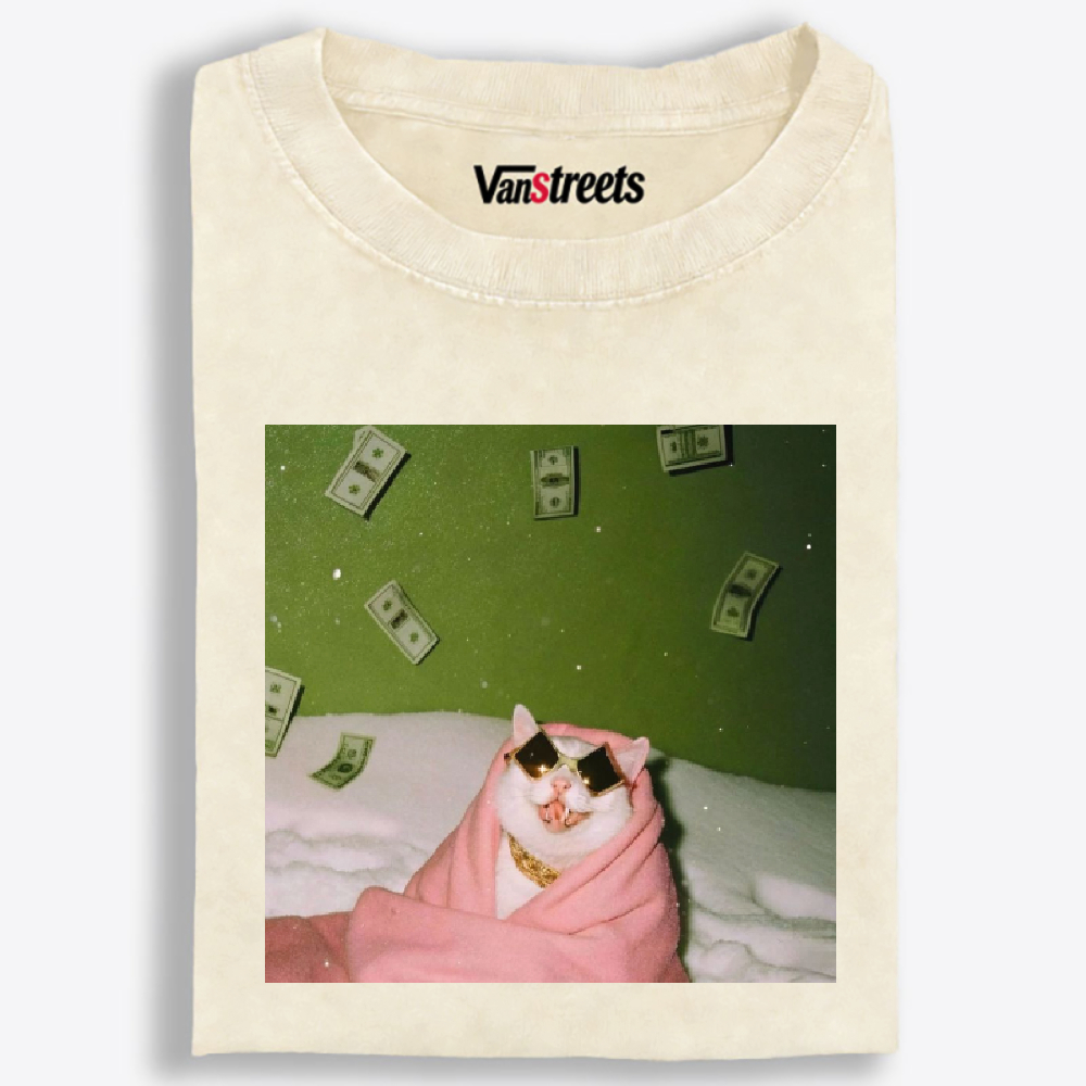 Rich Cat with Money Retro Washed T-Shirt | 100% Cotton | Streetwear Essential