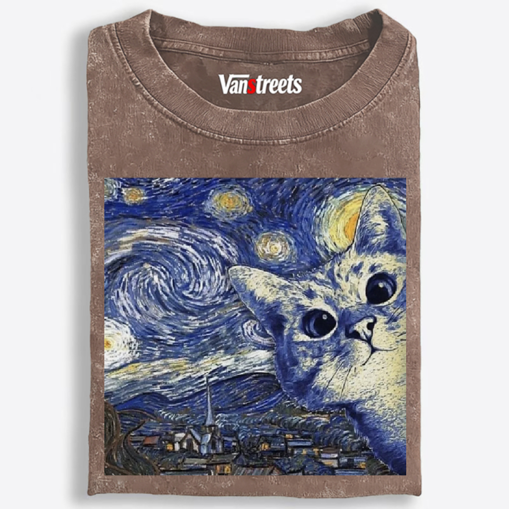 Starry Night Peeking Cat Washed T-Shirt | 100% Cotton | Streetwear Essential